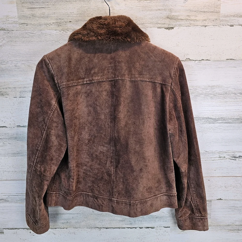 Vintage Brown Suede Leather Jacket M Faux Fur Collar Y2K Quiet Luxury Equestrian - Picture 5 of 12